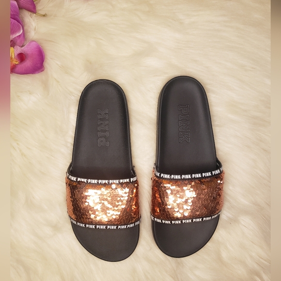 💞PINK Victoria’s Secret Rose Gold Bling Sequins Slides LARGE - Picture 3 of 8